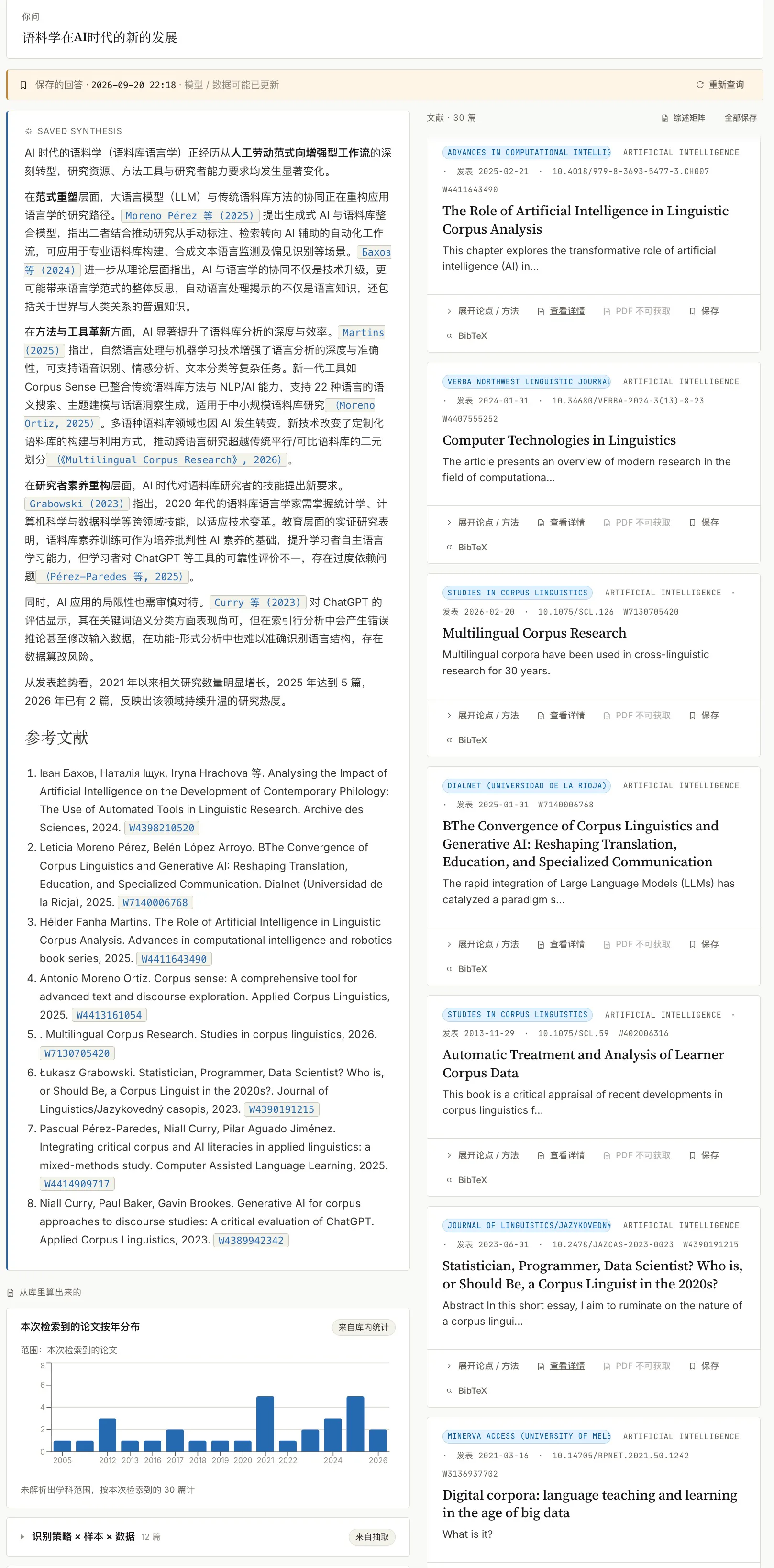 AI 时代语料库语言学检索，含研究梳理、30 篇论文列表、按年份分布图及样本数据抽取入口